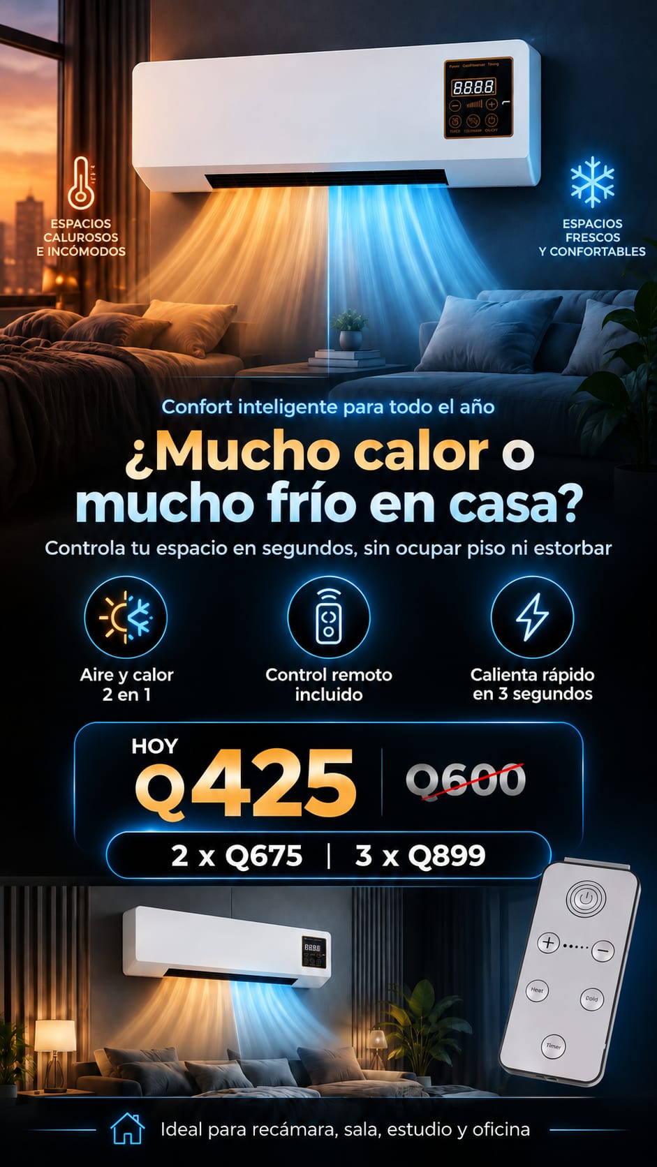 Aire Acondicionado Portátil de Pared 2 en 1 Calor y Ventilación con Control Remoto hero