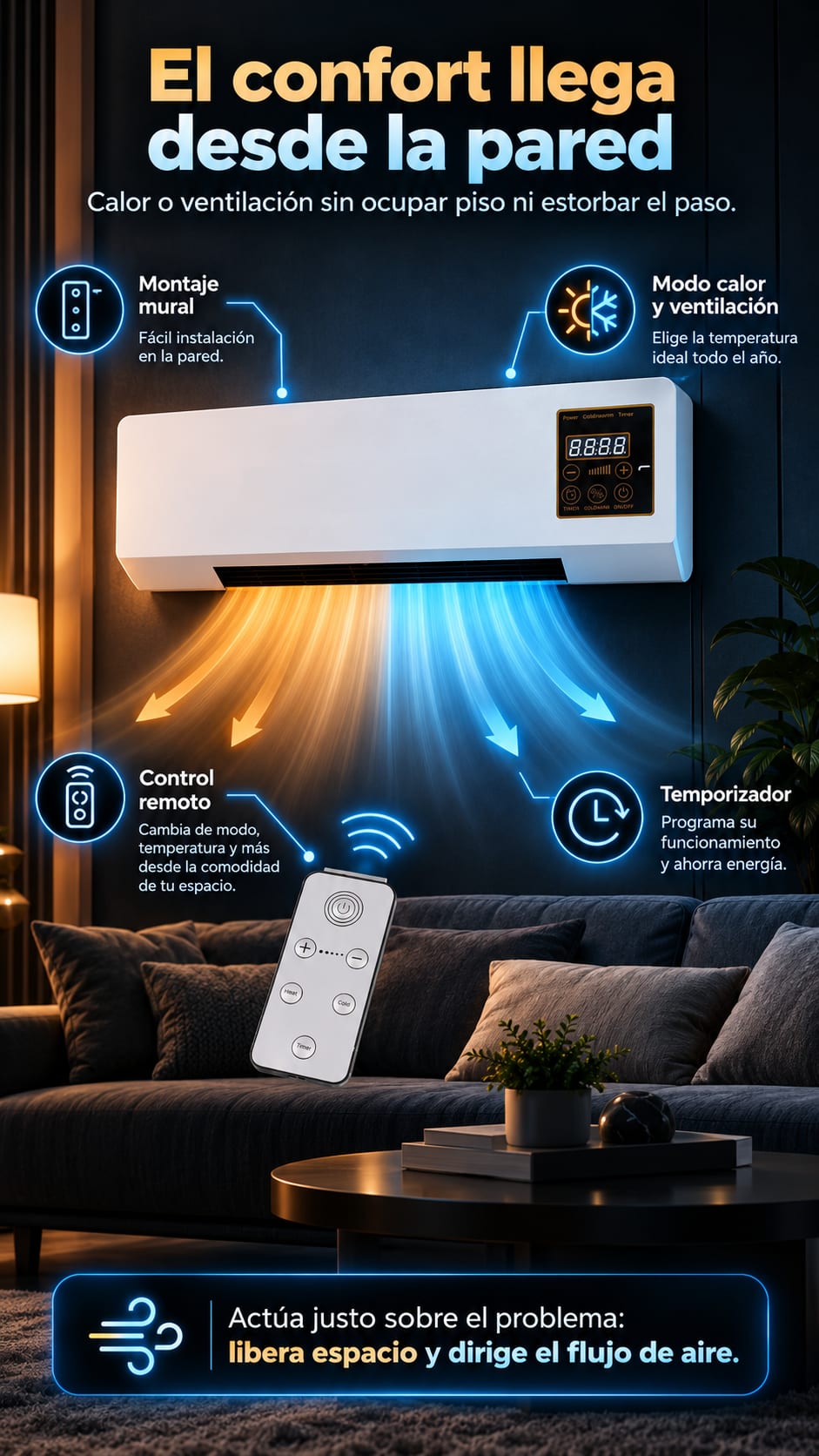 Aire Acondicionado Portátil de Pared 2 en 1 Calor y Ventilación con Control Remoto beneficios