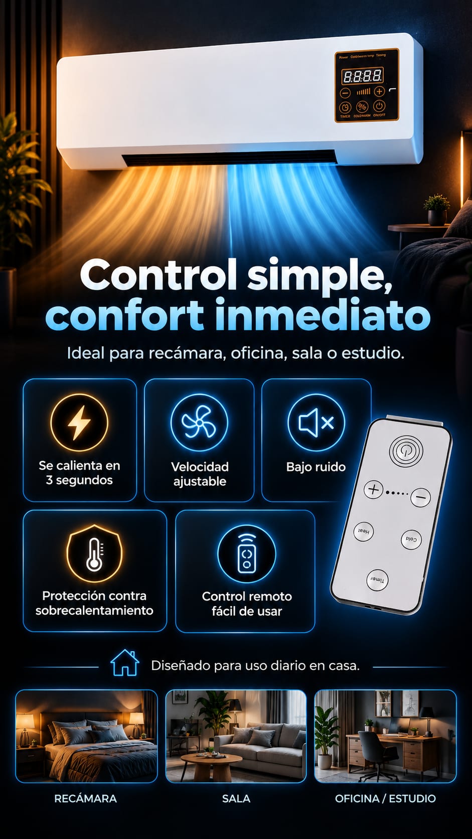 Aire Acondicionado Portátil de Pared 2 en 1 Calor y Ventilación con Control Remoto detalle