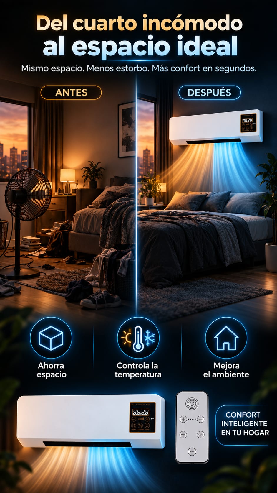 Aire Acondicionado Portátil de Pared 2 en 1 Calor y Ventilación con Control Remoto transformacion