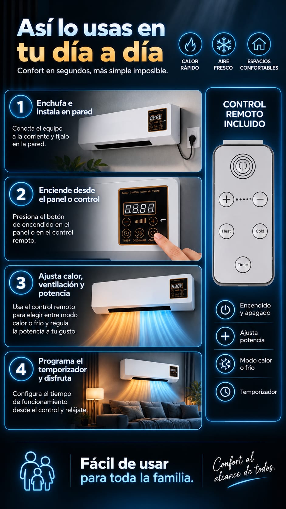 Aire Acondicionado Portátil de Pared 2 en 1 Calor y Ventilación con Control Remoto en uso