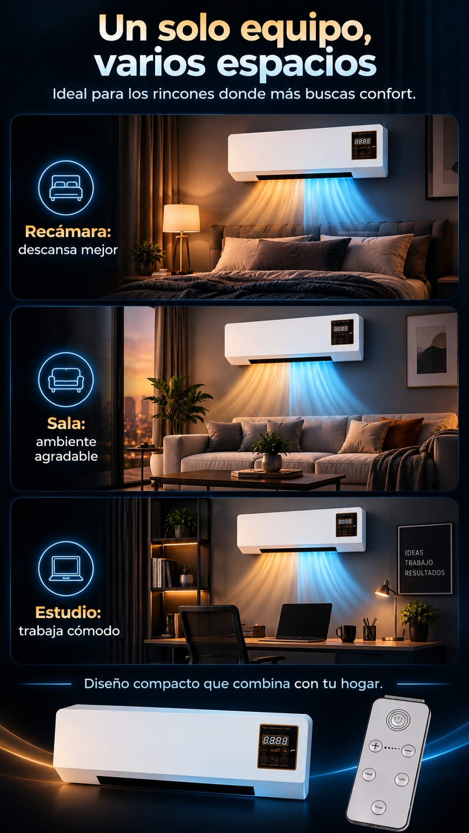 Aire Acondicionado Portátil de Pared 2 en 1 Calor y Ventilación con Control Remoto espacios