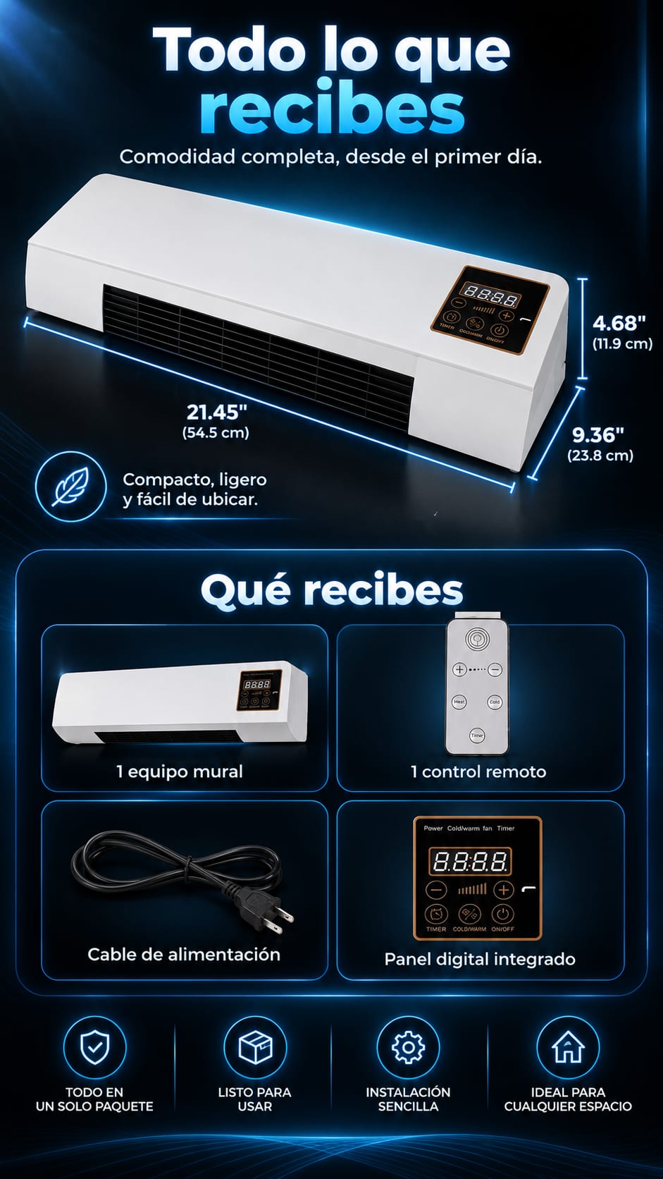 Aire Acondicionado Portátil de Pared 2 en 1 Calor y Ventilación con Control Remoto ficha