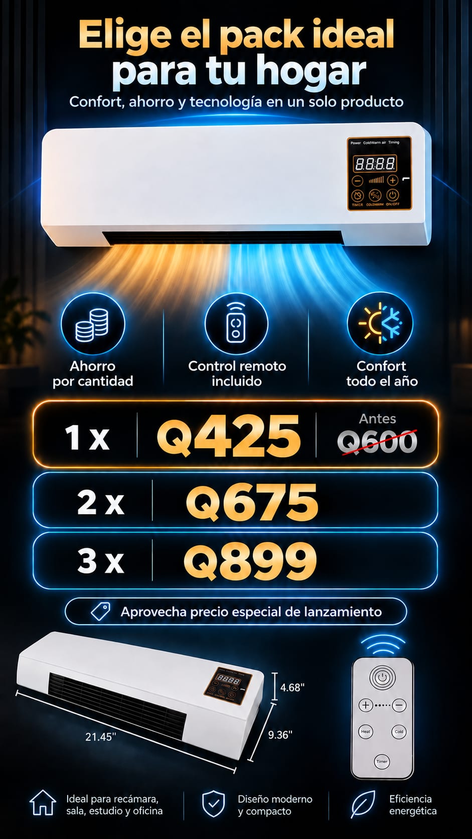 Aire Acondicionado Portátil de Pared 2 en 1 Calor y Ventilación con Control Remoto pack