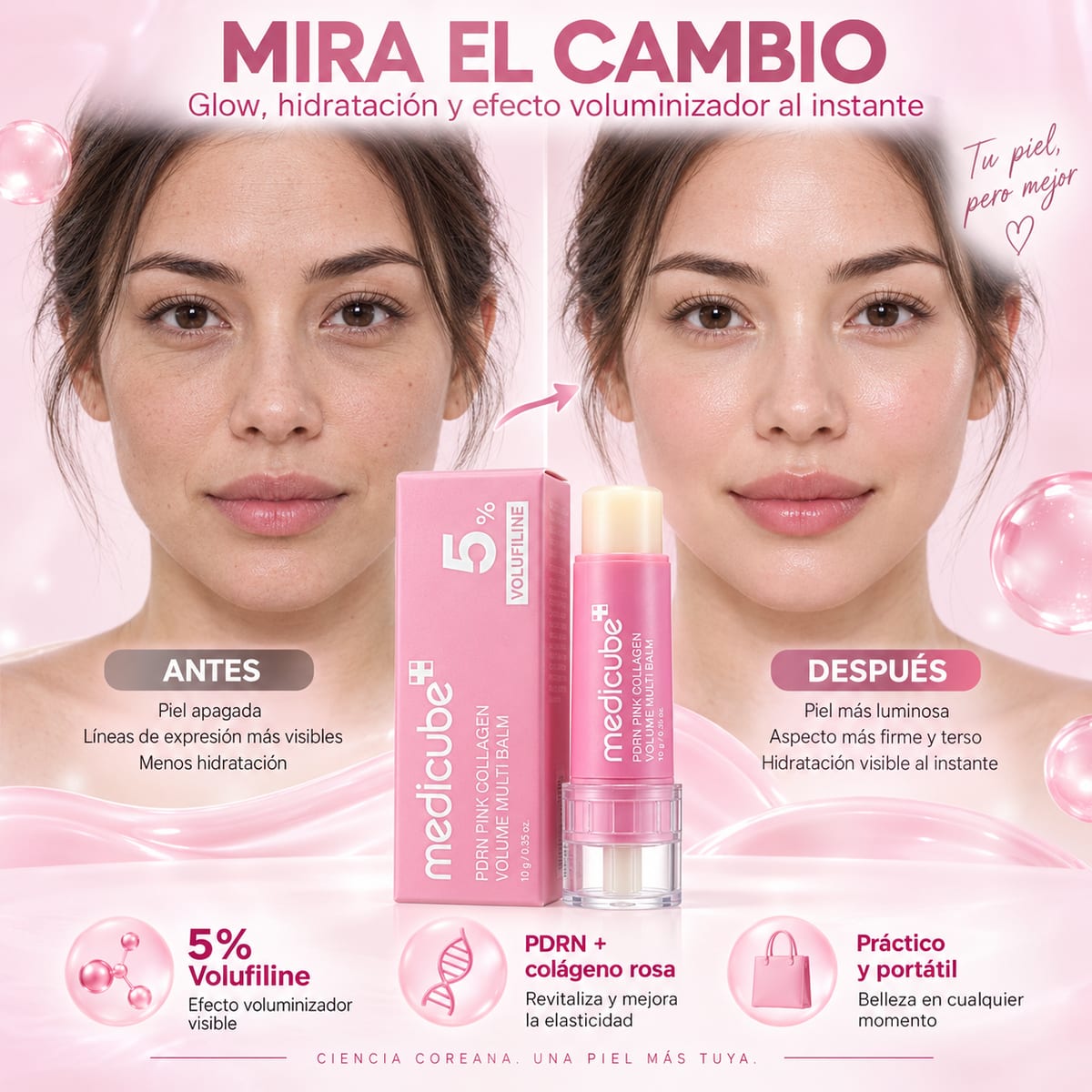 Medicube PDRN Pink Collagen Volume Multi Balm antes despues