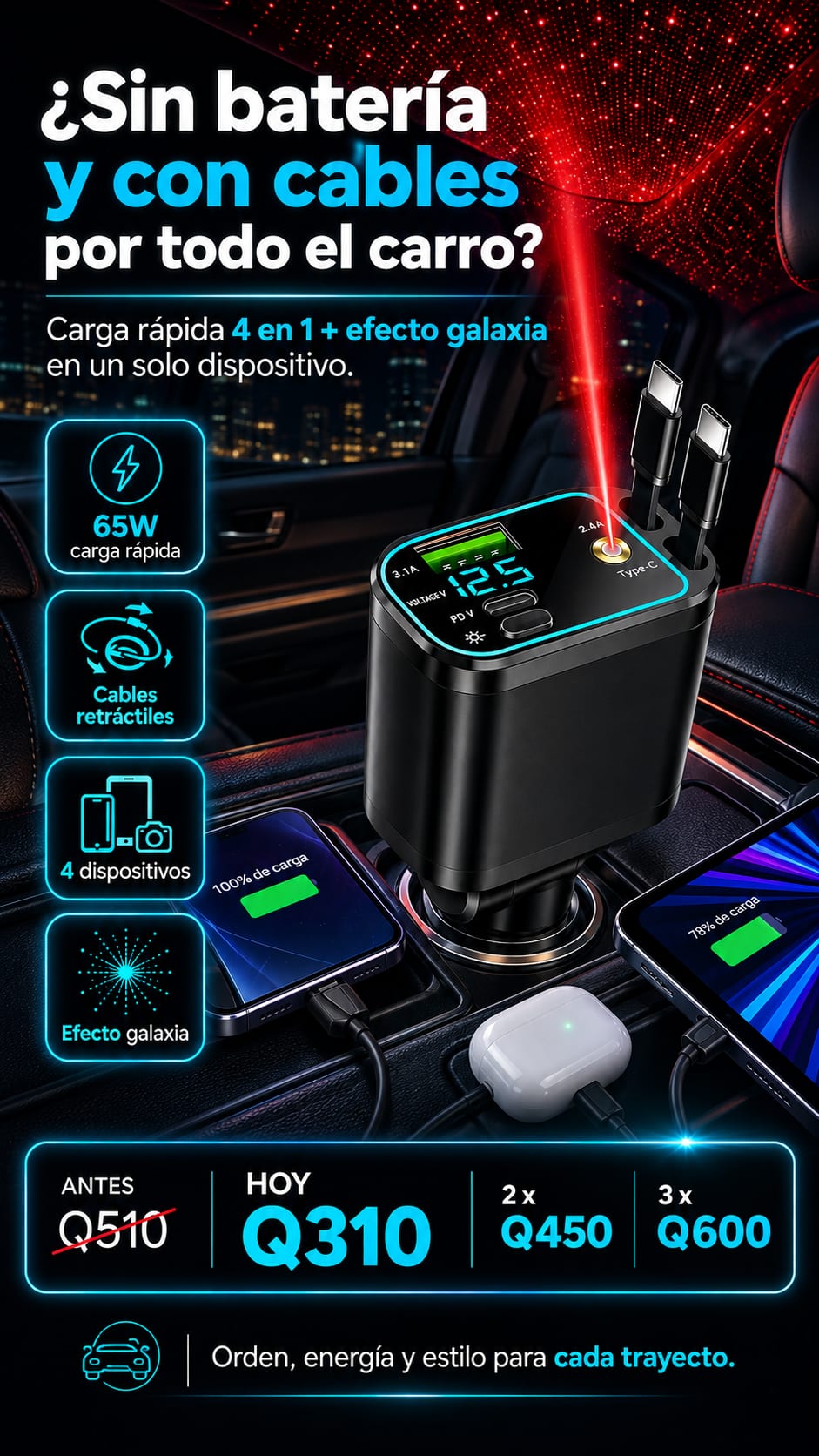 Cargador de Carro 4 en 1 con Proyector Galaxia y Pantalla Digital hero
