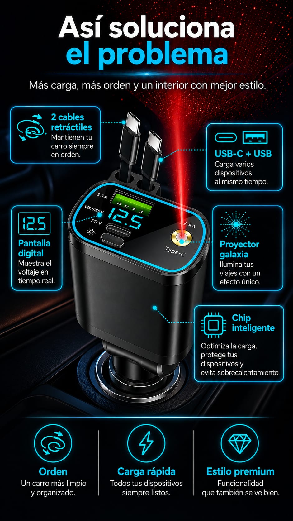Cargador de Carro 4 en 1 con Proyector Galaxia y Pantalla Digital mecanismo