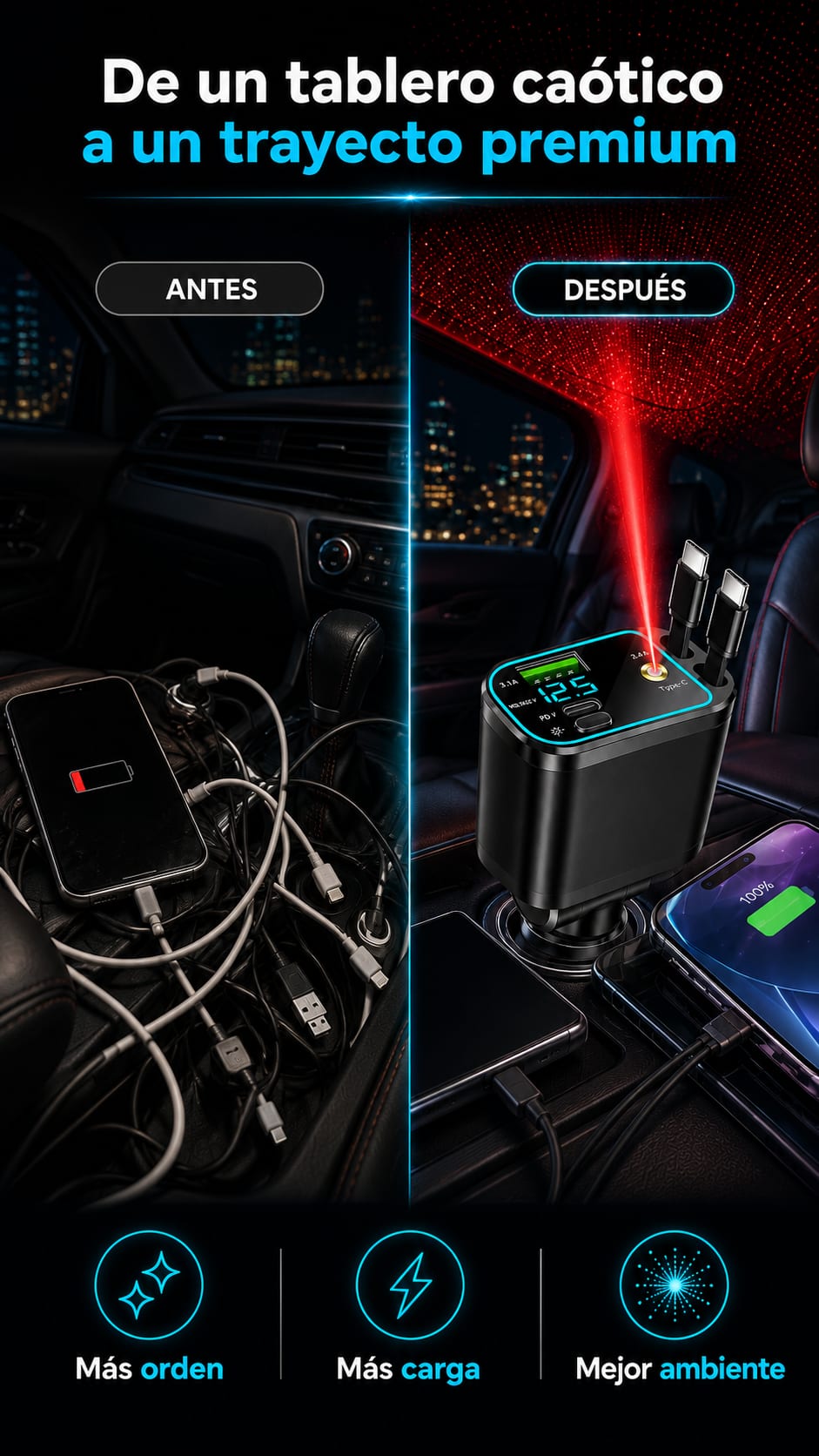 Cargador de Carro 4 en 1 con Proyector Galaxia y Pantalla Digital antes despues