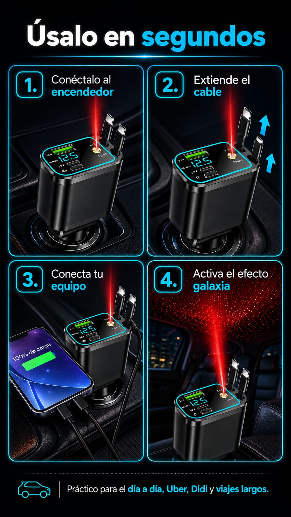 Cargador de Carro 4 en 1 con Proyector Galaxia y Pantalla Digital pasos
