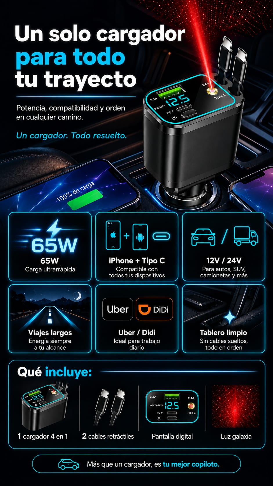 Cargador de Carro 4 en 1 con Proyector Galaxia y Pantalla Digital compatibilidad