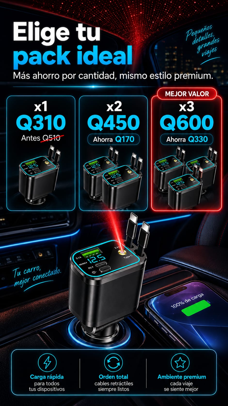 Cargador de Carro 4 en 1 con Proyector Galaxia y Pantalla Digital pack