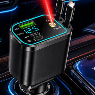 Cargador de carro 4 en 1 · 65W, 2 cables retráctiles, pantalla de voltaje y proyector galaxia