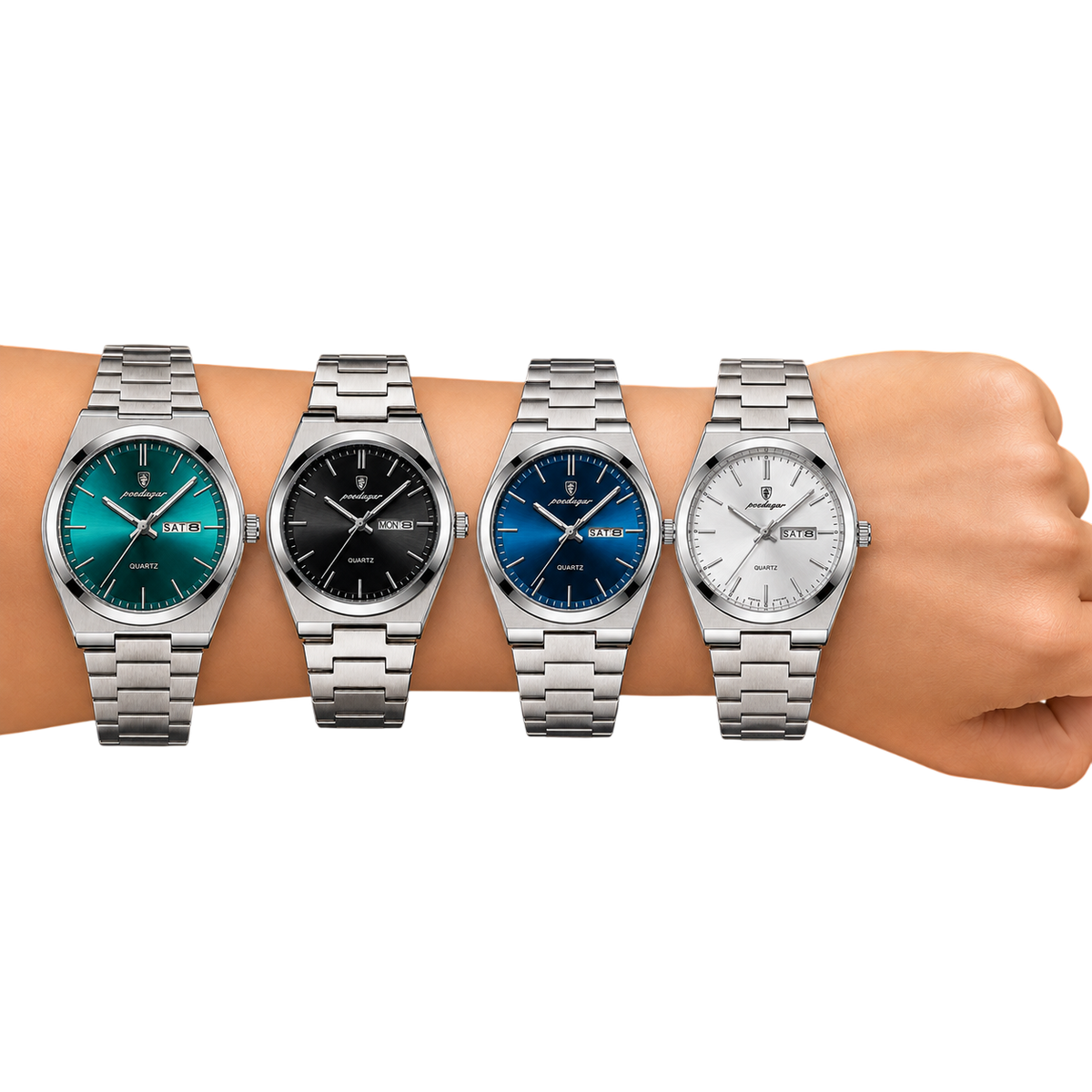 El reloj POEDAGAR 930 de acero en la muñeca