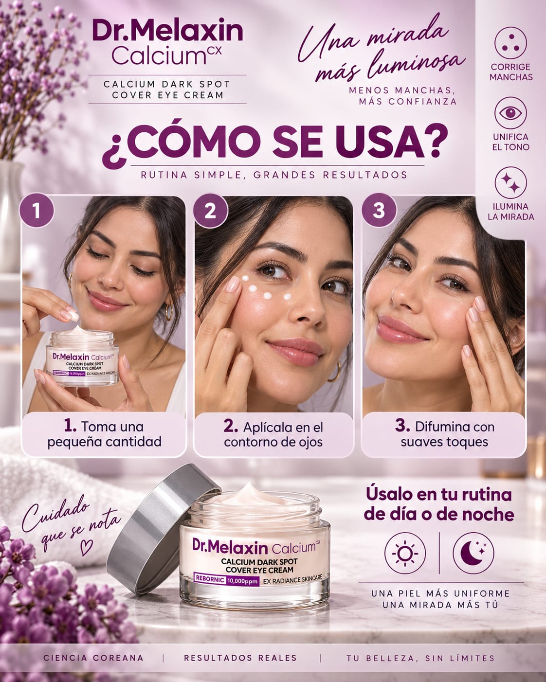 Dr.Melaxin Calcium Dark Spot Cover Eye Cream en uso