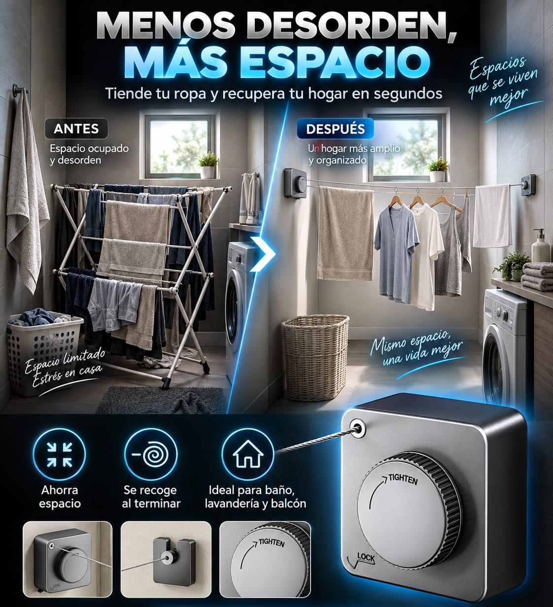 Tendedero Retráctil de Pared con Perilla de Tensión hero