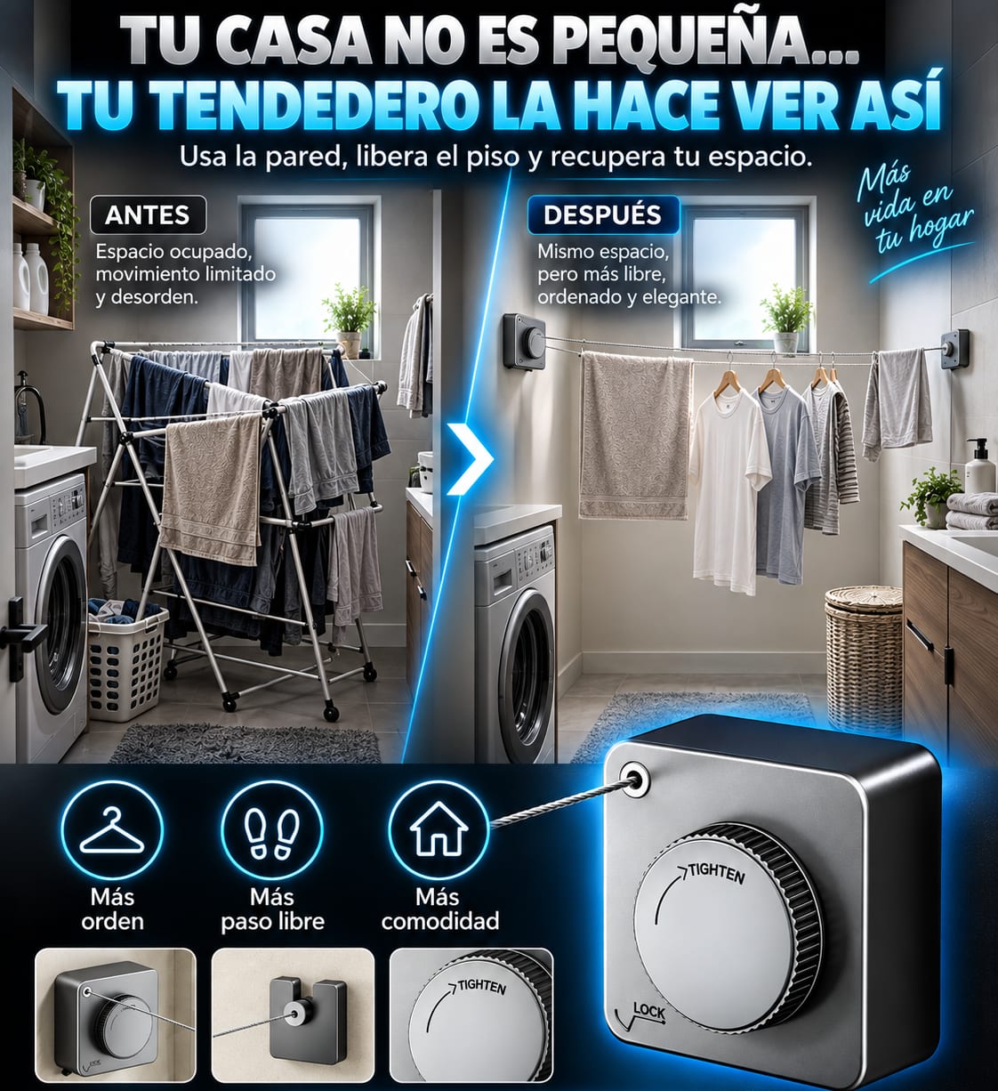 Tendedero Retráctil de Pared con Perilla de Tensión dolor