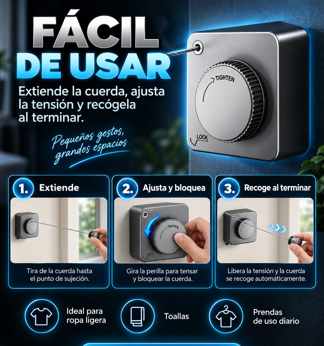 Tendedero Retráctil de Pared con Perilla de Tensión pasos