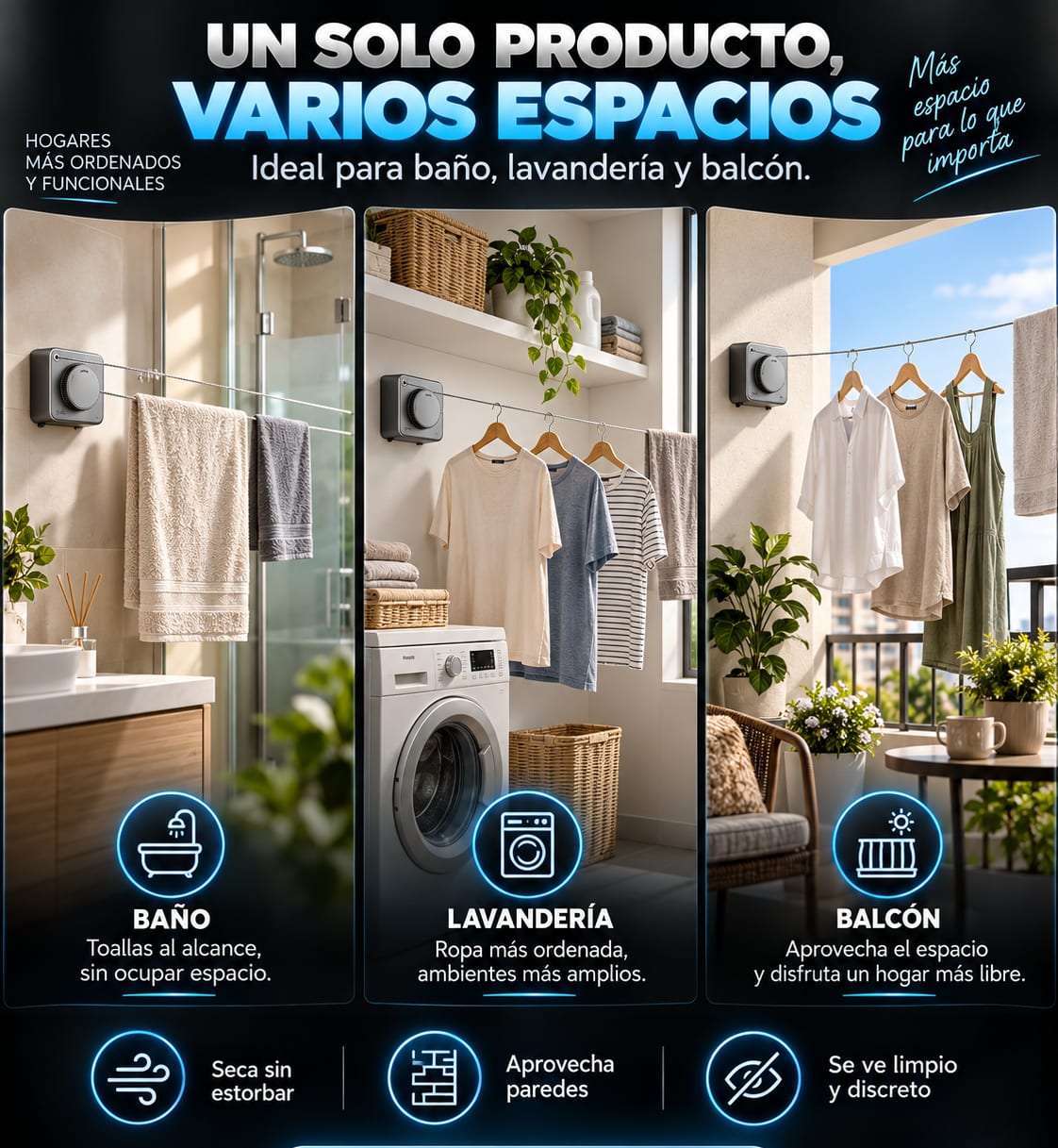 Tendedero Retráctil de Pared con Perilla de Tensión espacios