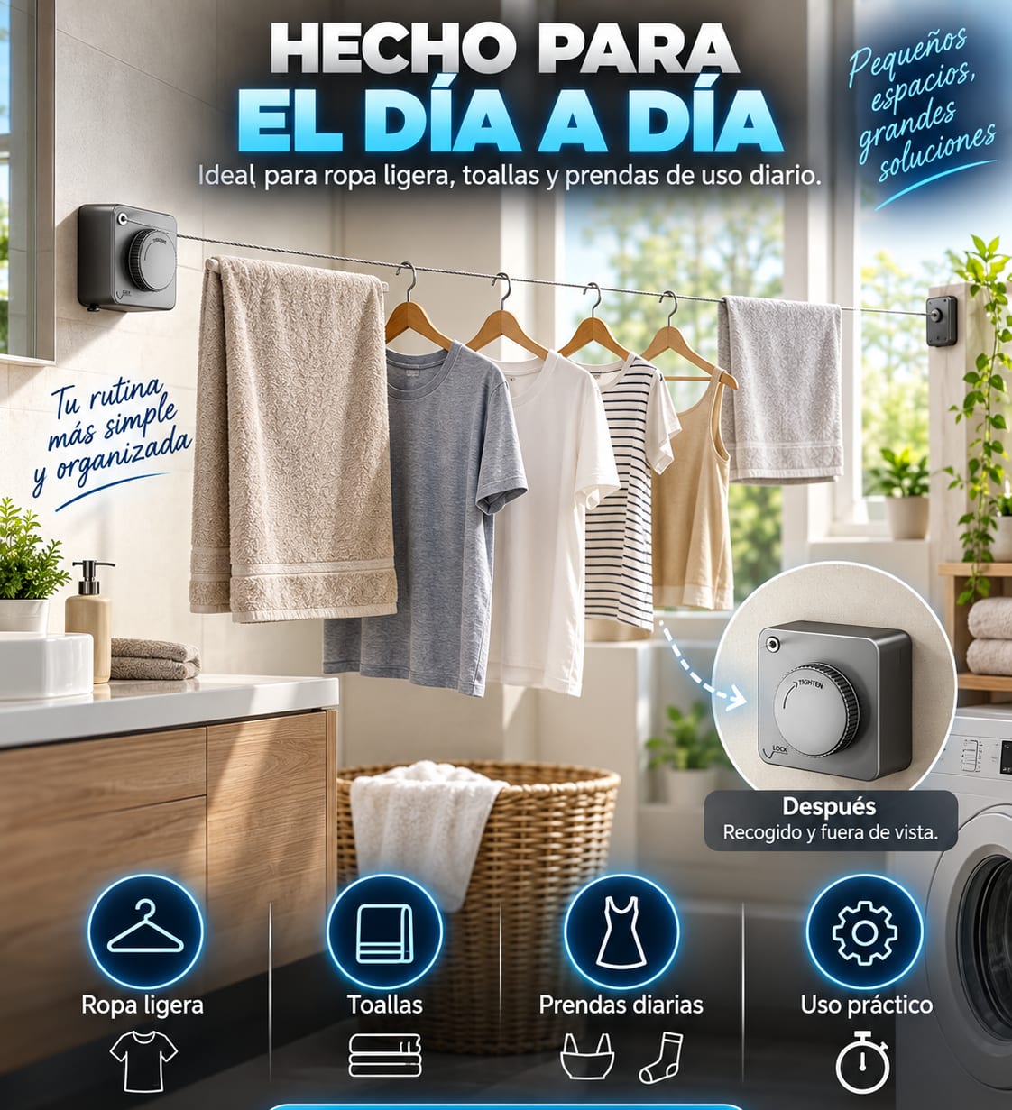Tendedero Retráctil de Pared con Perilla de Tensión en uso