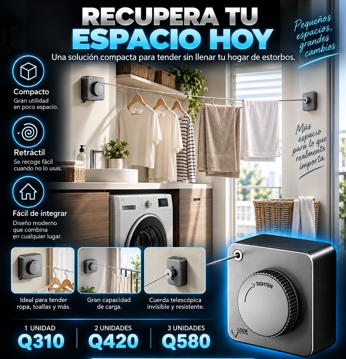 Tendedero Retráctil de Pared con Perilla de Tensión beneficios