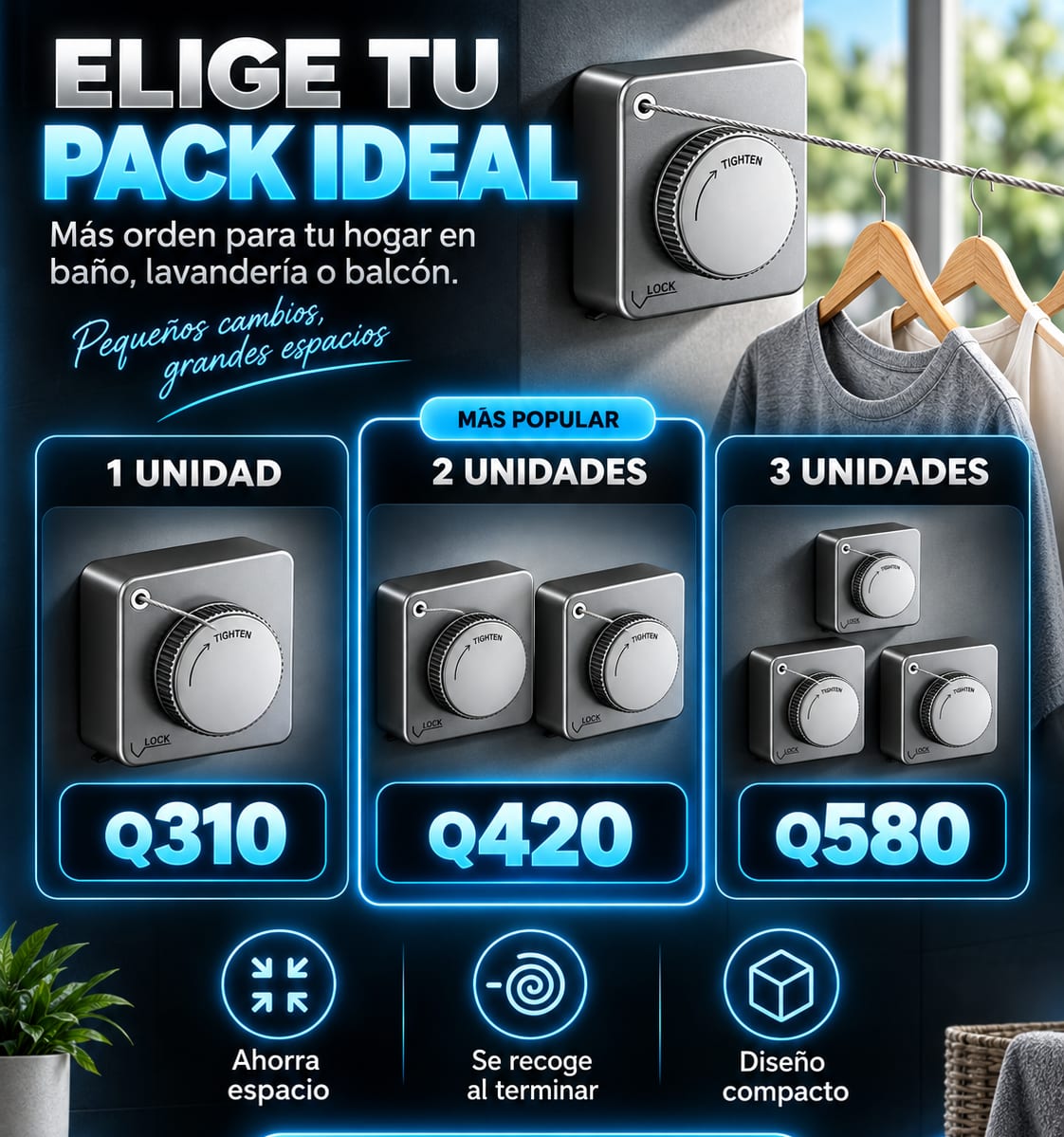 Tendedero Retráctil de Pared con Perilla de Tensión pack