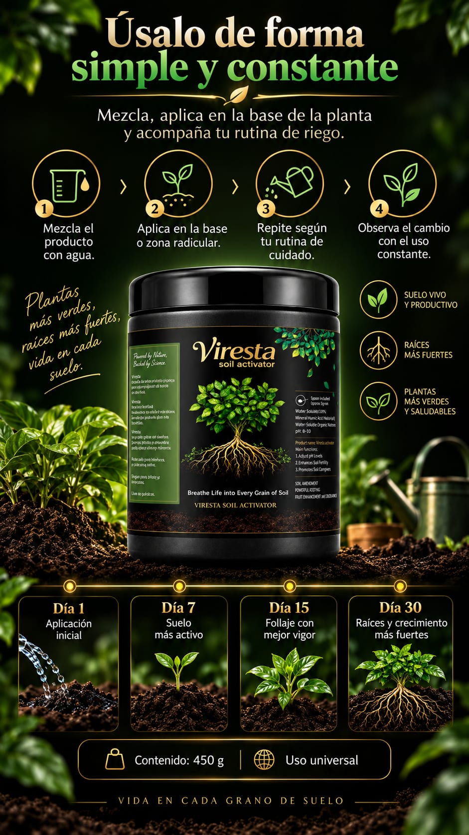 Viresta Soil Activator - Activador de Suelo con Acido Humico 450 g en uso