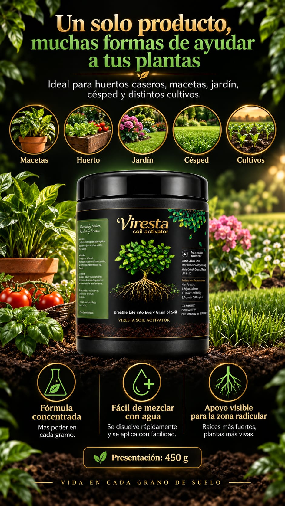 Viresta Soil Activator - Activador de Suelo con Acido Humico 450 g espacios